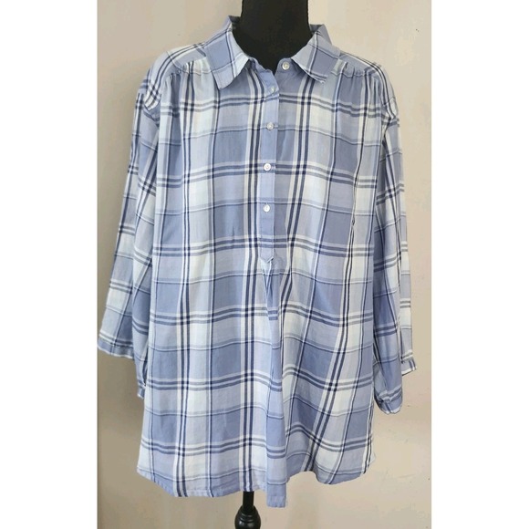 Preswick & Moore Tops - Preswick & Moore Womens 3X Blue White Plaid 3/4 Sl Cotton Button Shirt Top
